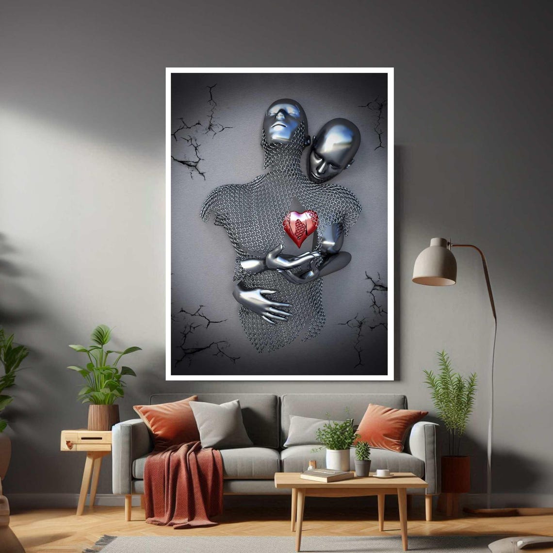 Two Metallic Figures Embracing Holding a Red Heart Love Art Poster