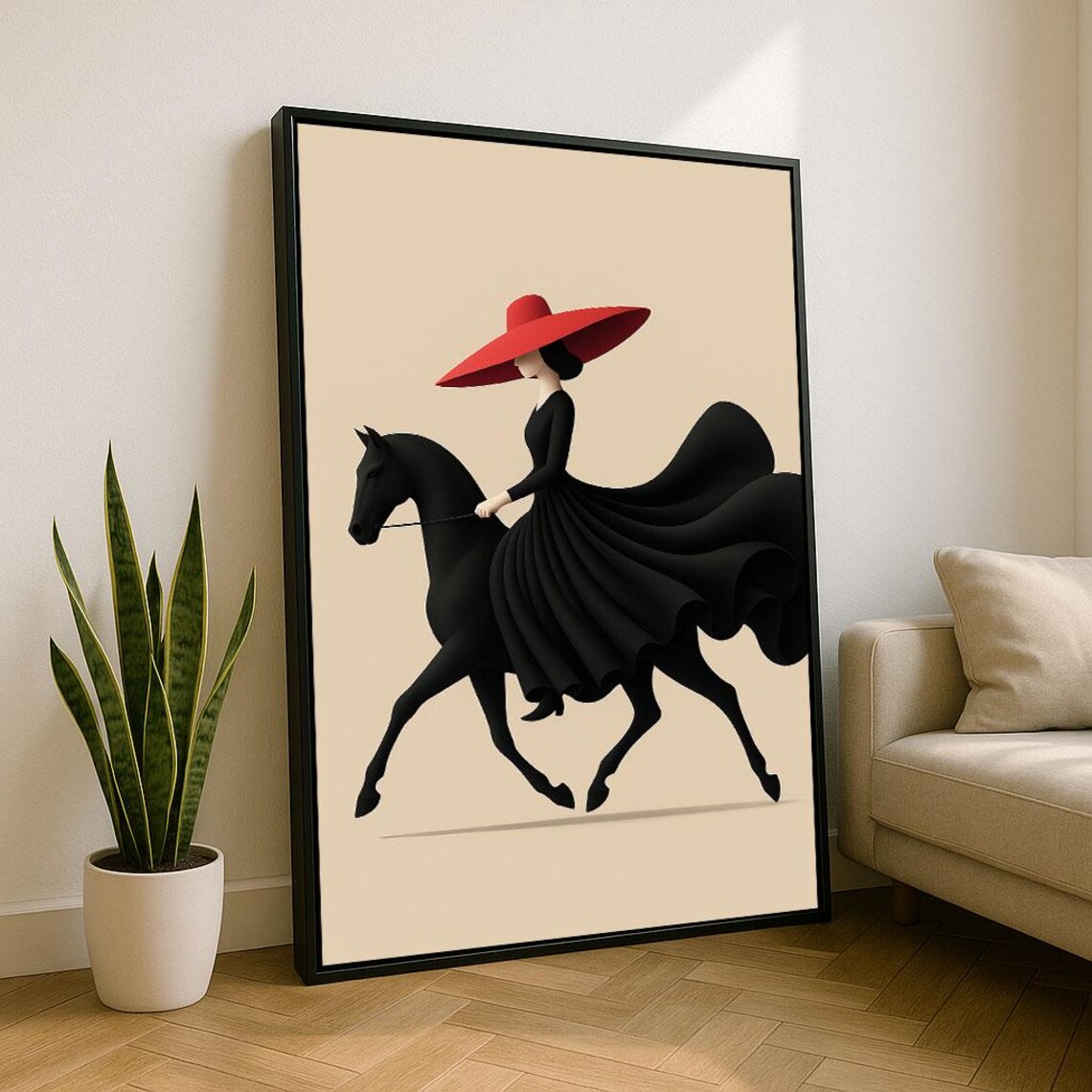 Elegant Woman Riding Black Horse Red Hat Minimalist Fashion Poster