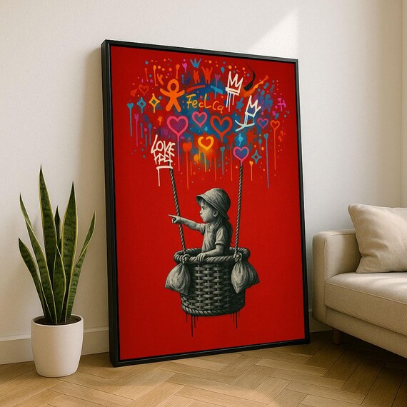 Street Art Balloon Girl Colorful Graffiti Hearts Bold Red Poster