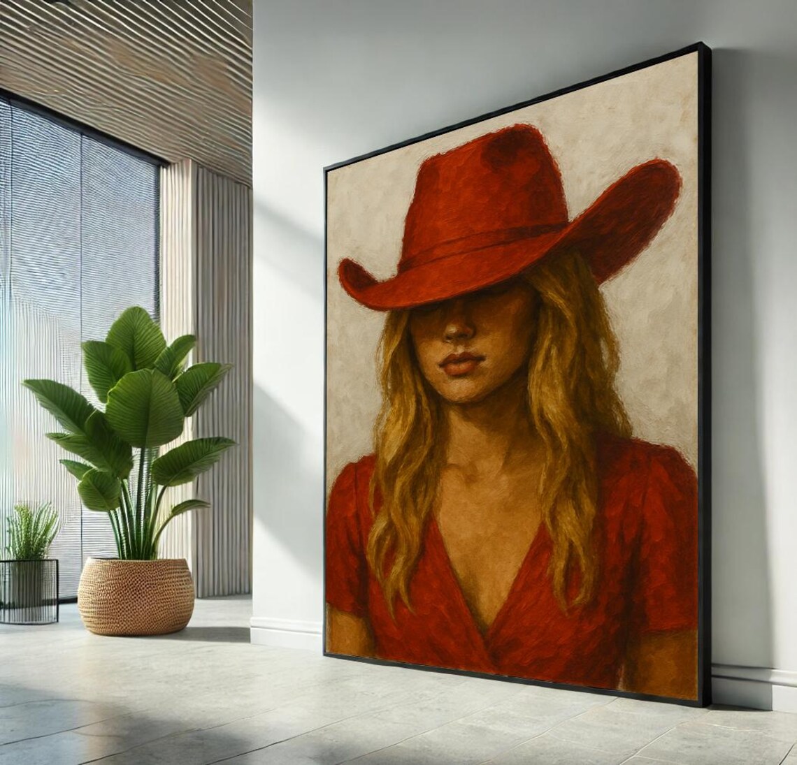 Blonde Cowgirl in Red Cowboy Hat Rustic Western Portrait Wall Art