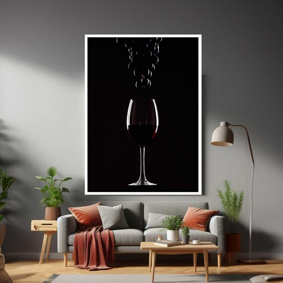 Wine Glass Red Wine Dark Grapes Falling Black Background Elegant Poster