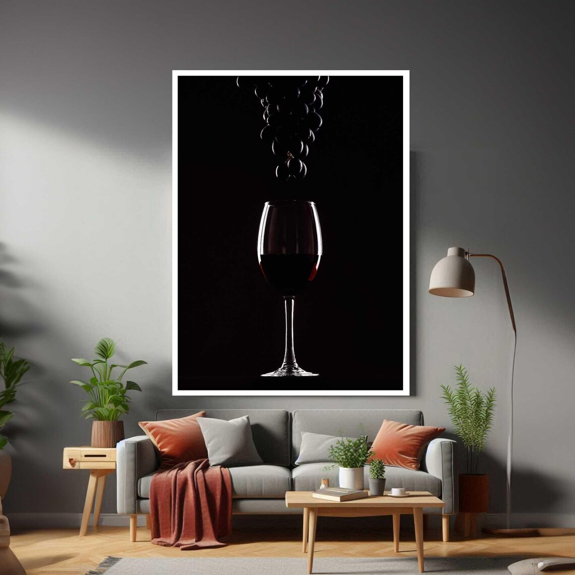 Wine Glass Red Wine Dark Grapes Falling Black Background Elegant Poster