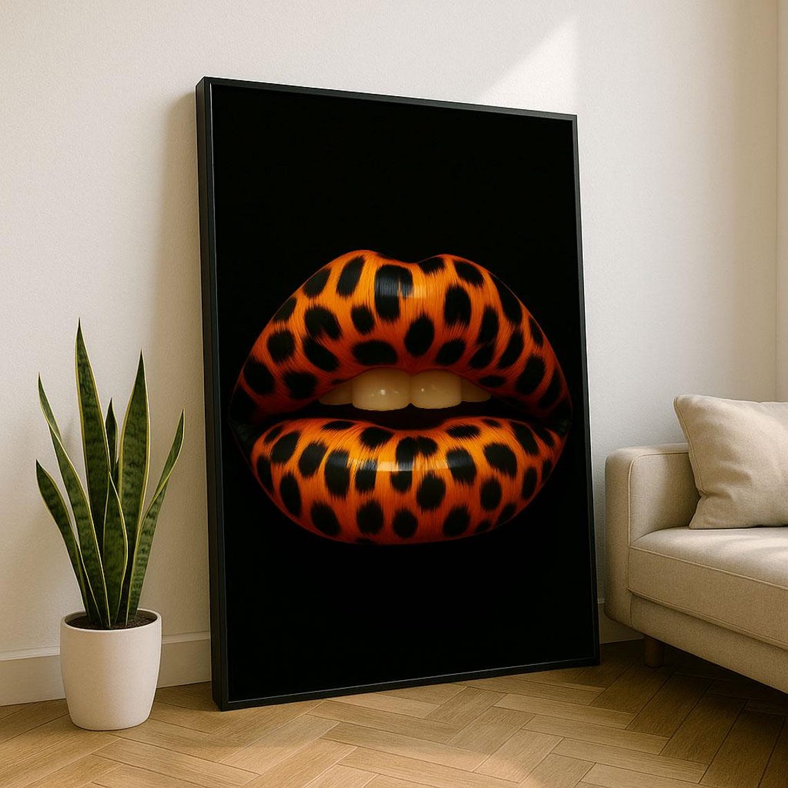 Bold Leopard Print Lips Canvas Wall Art Modern Living Room Decor Statement Piece
