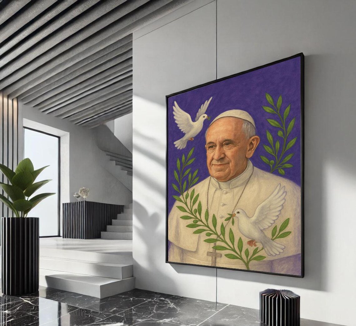 Pope Francis Portrait With White Doves Purple Spiritual Faith Poster