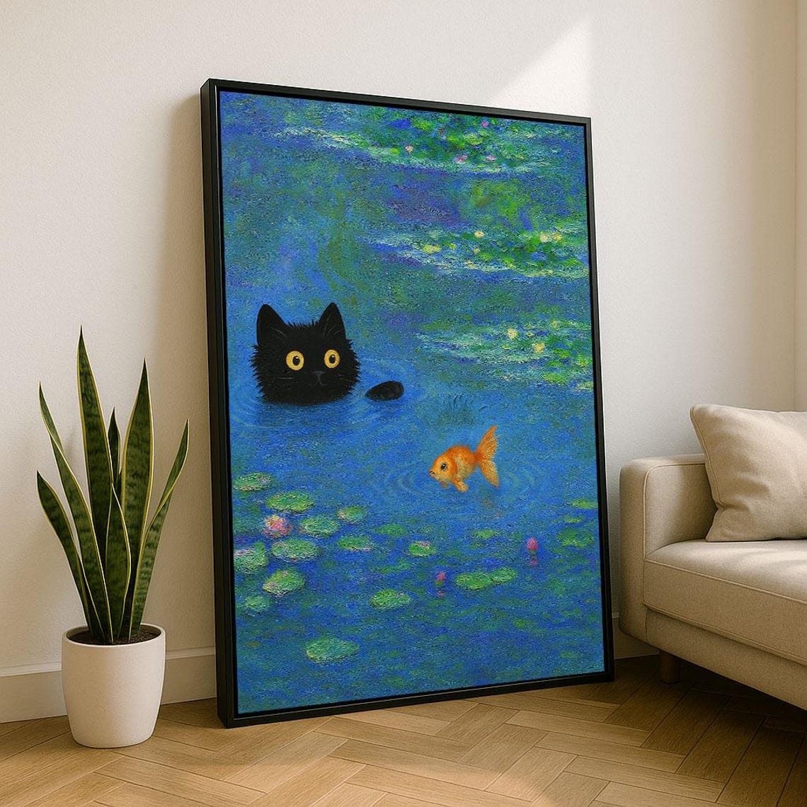 Whimsical Cat And Fish Canvas Wall Art Print Monet Inspired Living Room Decor Statement Piece