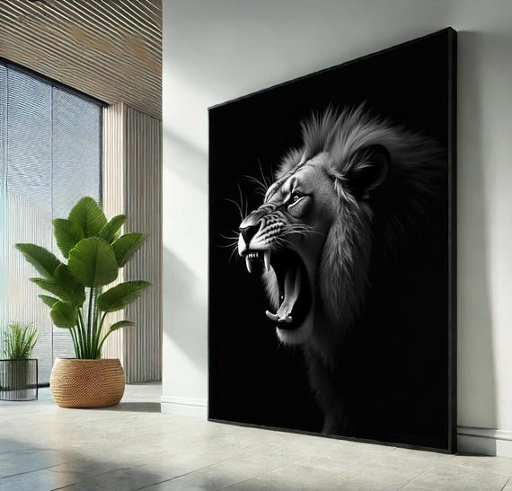 Roaring Lion Canvas Wall Art Print Black White Bold Animal Poster Powerful Jungle Home Decor Gift For Unique Lovers