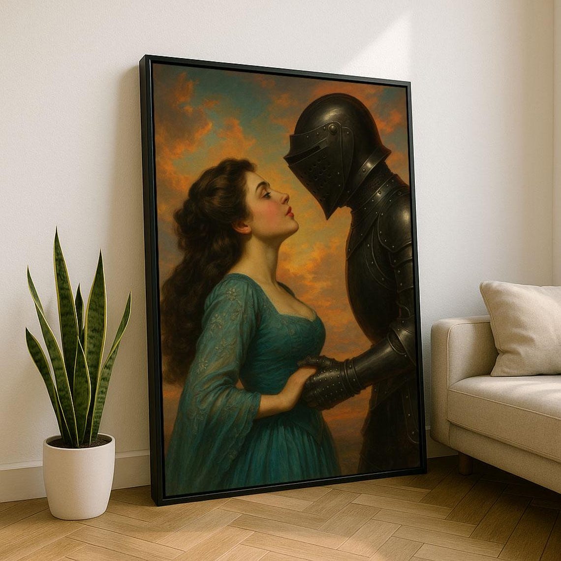 Romantic Medieval Knight In Armor And Lady Sunset Fantasy Art Poster