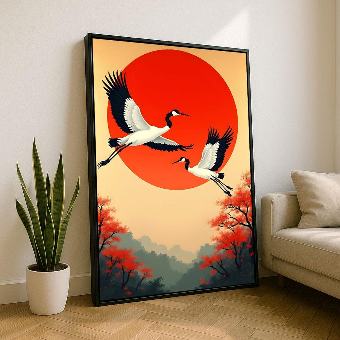 Two Japanese Cranes Red Sun Autumn Maple Trees Scenic Poster