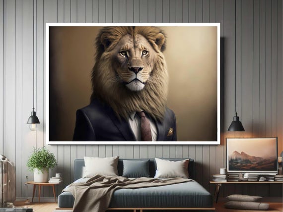 Gentleman Businessman Leo Lion Animal Framed Modern Canvas Wall Art Print Ready To Hang Gift For Office Home Mom
