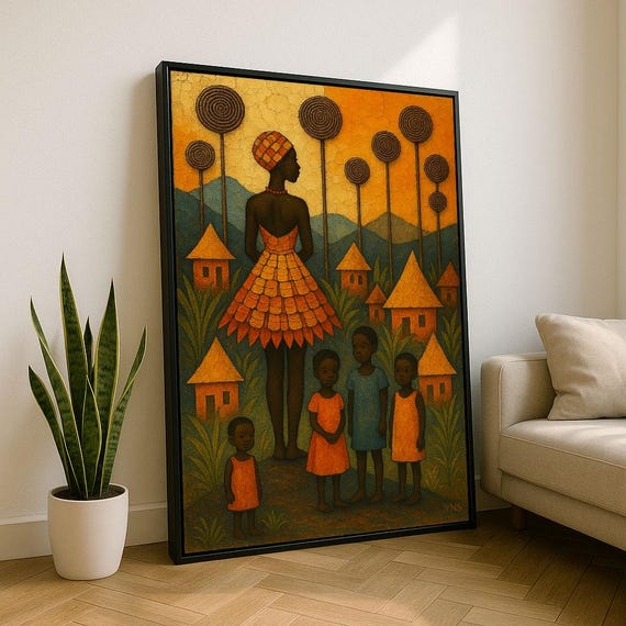 Bold African Heritage Family Scene Canvas Wall Art Print Warm Living Room Decor Statement Piece