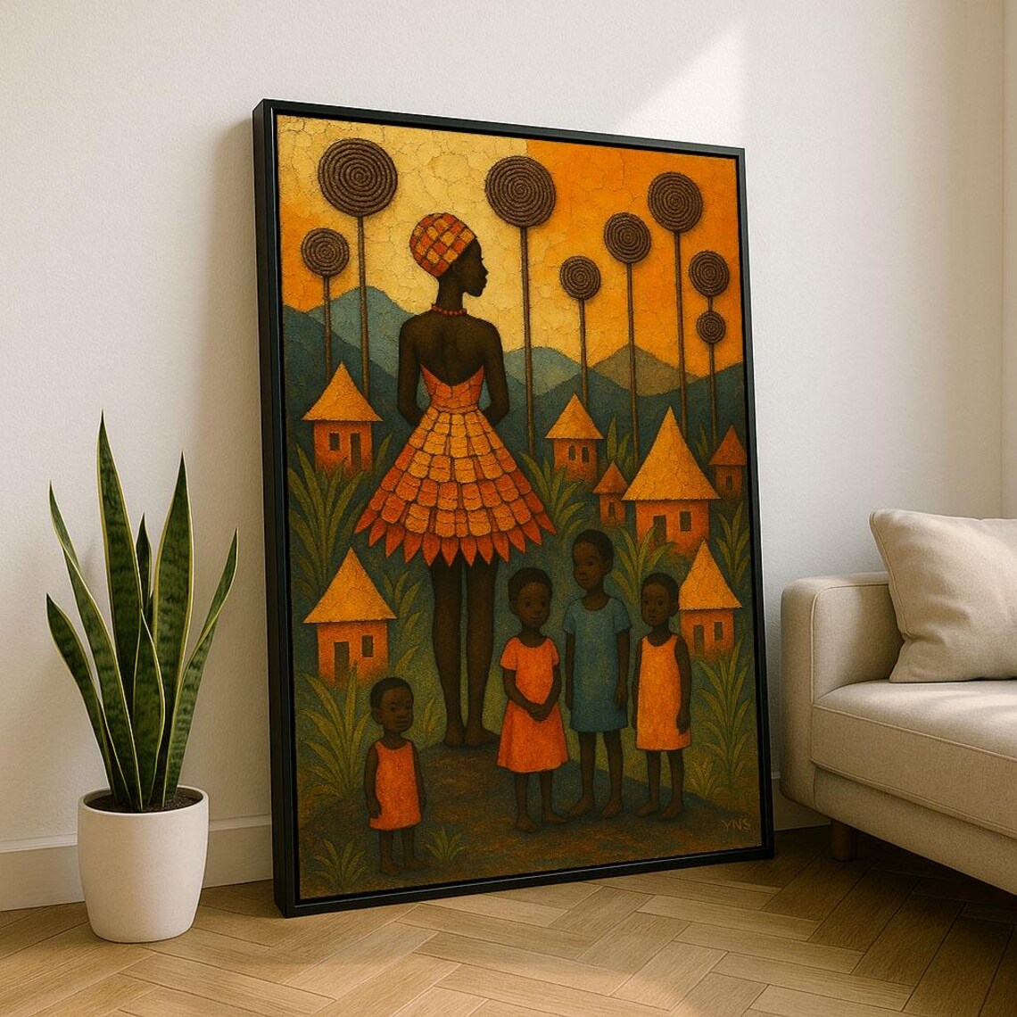 African Family Village Scene Mother Children Heritage Art Print