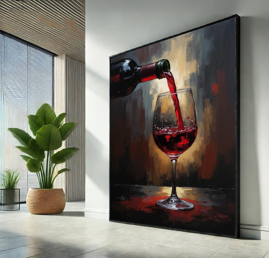 Red Wine Pouring into Glass Dark Moody Still Life Kitchen Wall Art