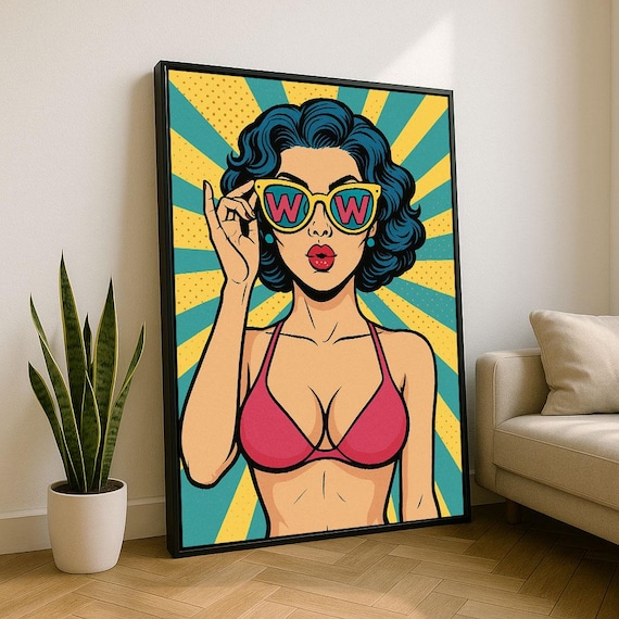 Retro Pop Art Woman Wow Sunglasses Pink Bikini Comic Style Art Poster