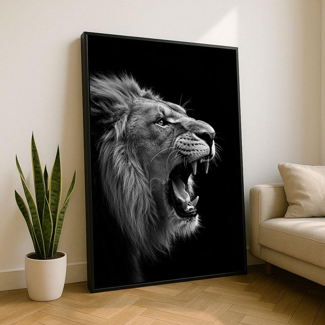 Roaring Lion Black And White Dramatic Wildlife Portrait Poster