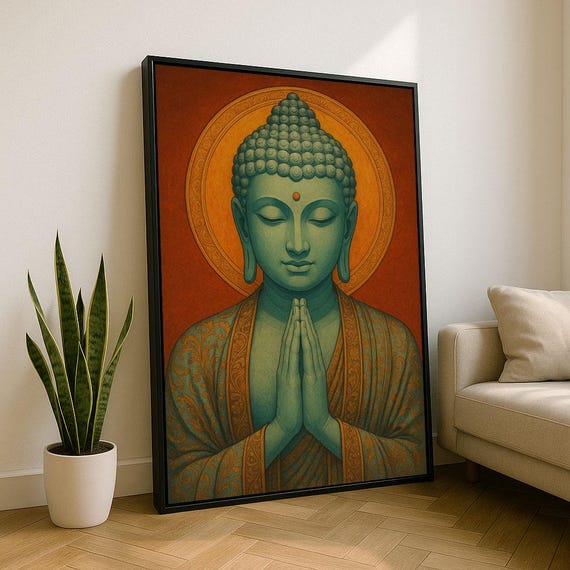 Tranquil Praying Buddha Golden Halo Green Zen Meditation Poster