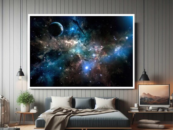 Galaxy Nebula with Distant Planet Cosmic Starry Night Art Poster