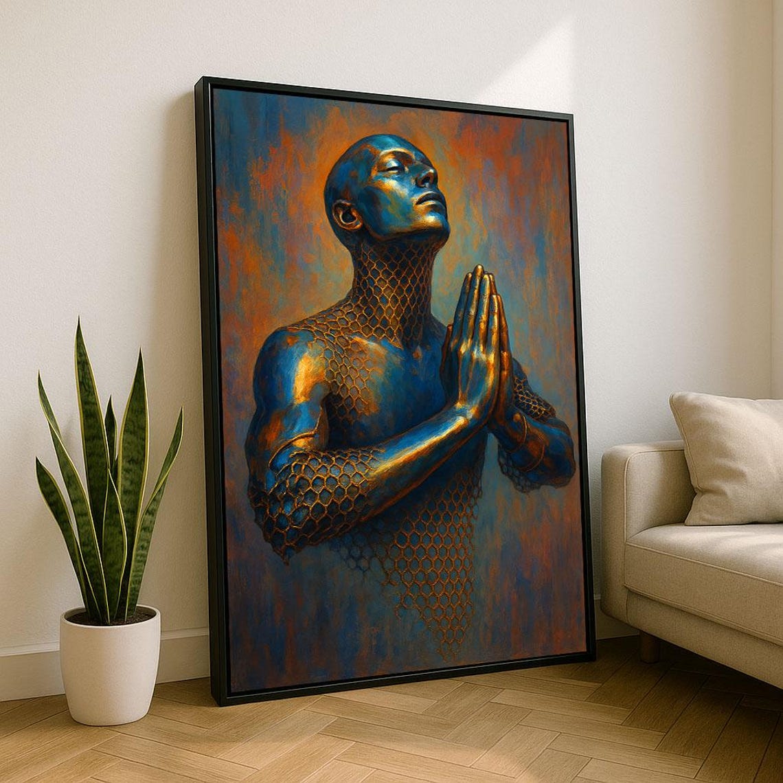 Praying Man Metallic Blue Gold Spiritual Abstract Art Poster