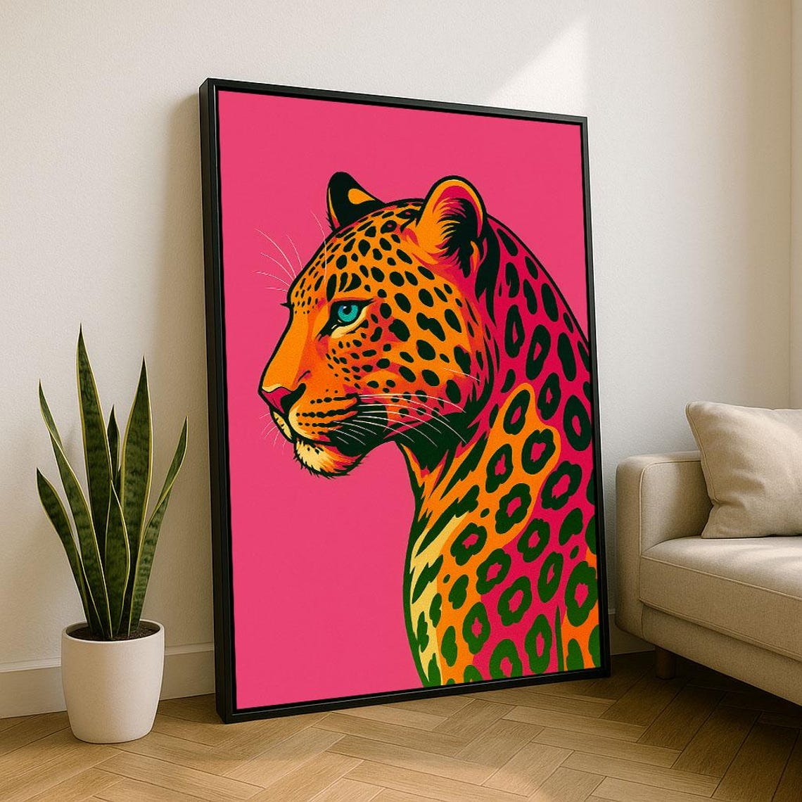Vibrant Leopard Pop Art Canvas Wall Print Bold Living Room Decor Statement Piece