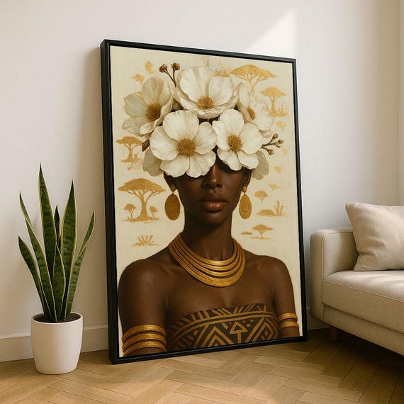 Bold African Woman With Floral Headpiece Canvas Wall Art Print Boho Living Room Decor Statement Piece