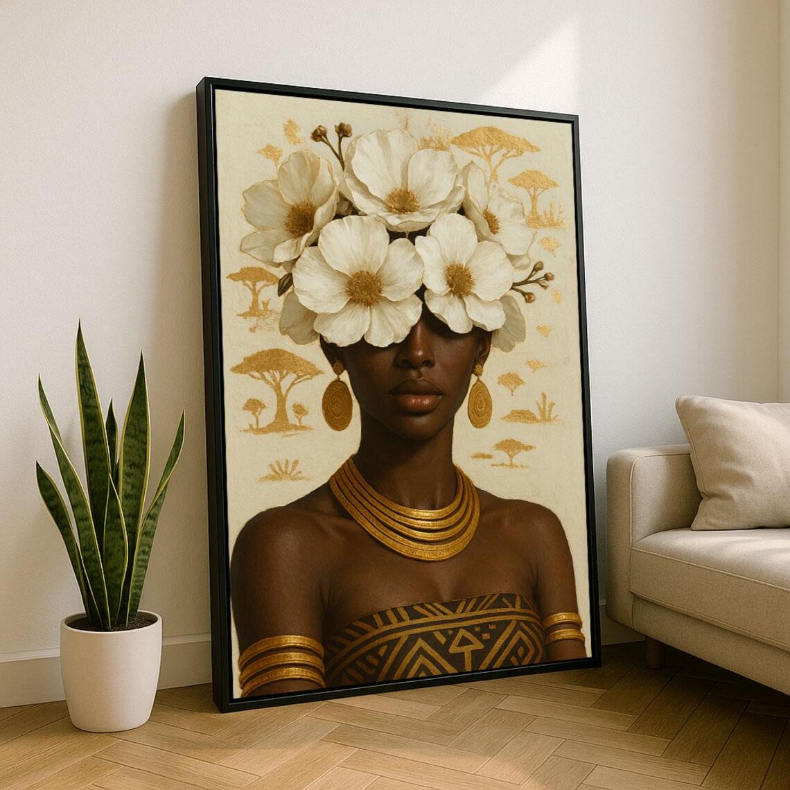 African Queen White Flowers Gold Jewelry Elegant Portrait Poster