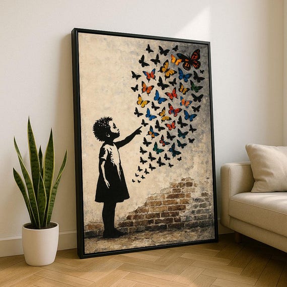 Whimsical Street Art Girl With Butterflies Canvas Wall Print Colorful Living Room Decor Statement Piece