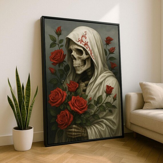 Skeleton in White Hood Holding Red Roses Gothic Romance Poster