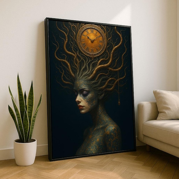 Surreal Woman Profile With Golden Clock Tree Branch Hair Poster