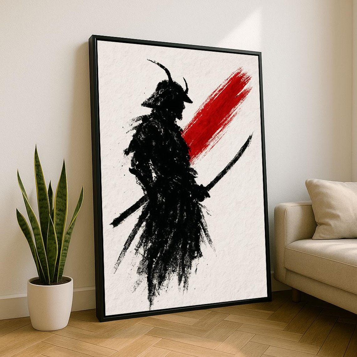 Sumi E Ink Samurai Silhouette With Red Brushstroke Art Poster