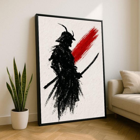 Bold Samurai Warrior Canvas Wall Art Print Minimalist Black And Red Living Room Decor Statement Piece