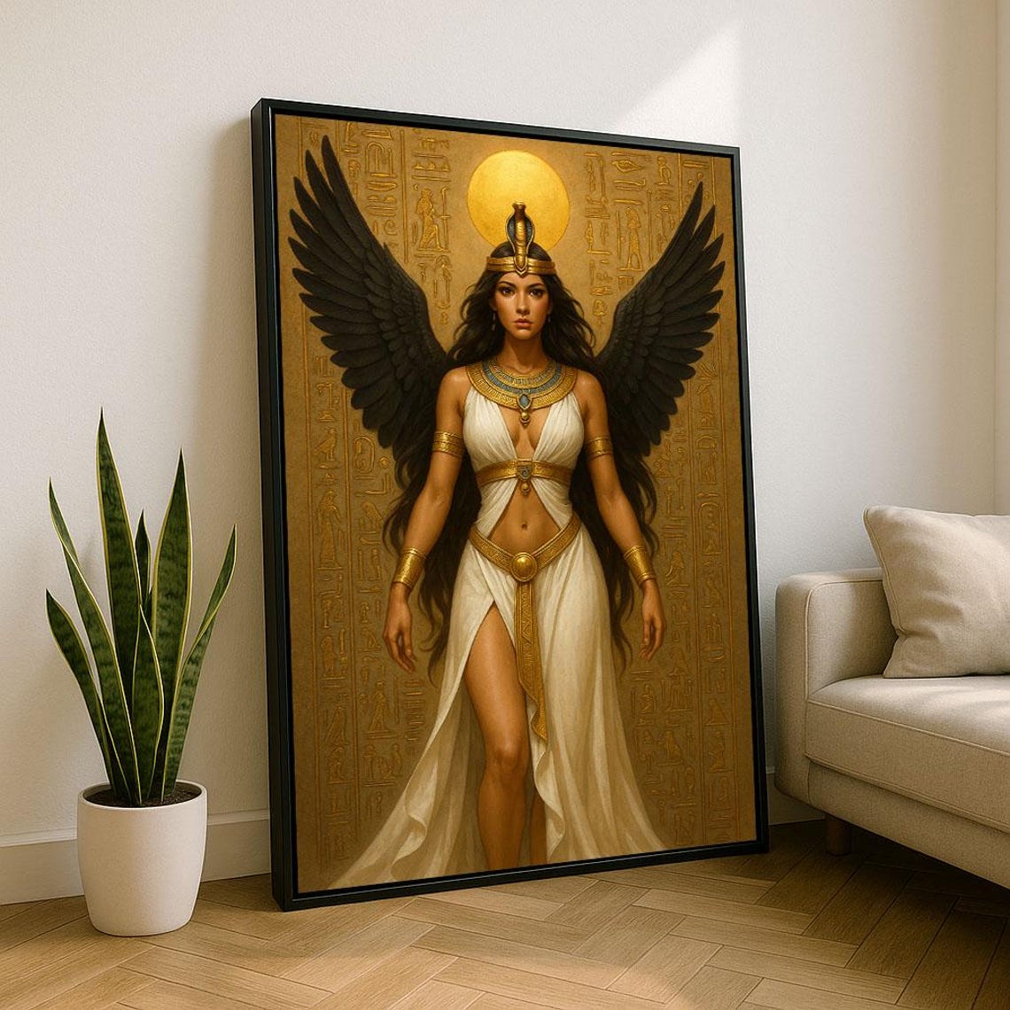 Winged Egyptian Queen Cobra Crown Hieroglyph Gold Art Poster