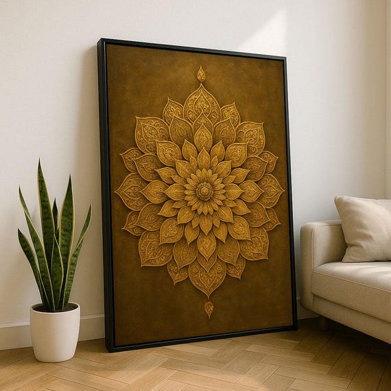 Golden Mandala Canvas Wall Art Print Boho Zen Living Room Decor Statement Piece
