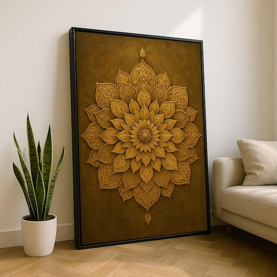 Golden Mandala Lotus Bronze Embossed Boho Zen Spiritual Art Print