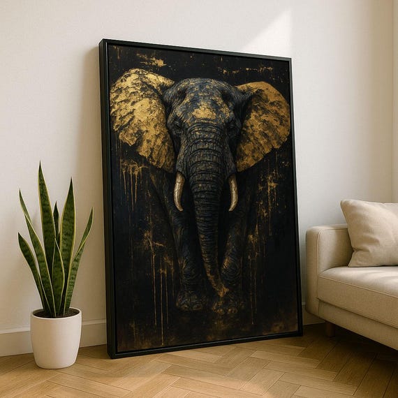 Majestic Elephant Portrait Canvas Wall Art Print Bold Gold Living Room Decor Statement Piece