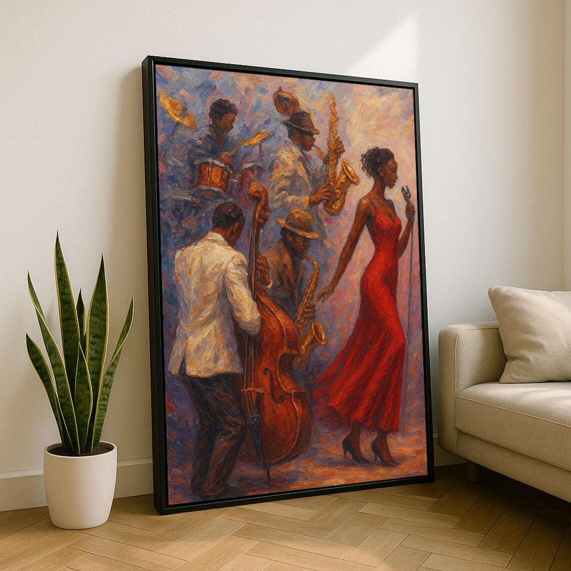 Jazz Band with Singer in Red Dress Vintage Club Oil Painting Music Poster