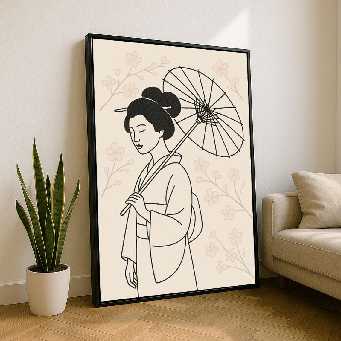 Minimalist Geisha With Parasol Cherry Blossom Line Art Poster