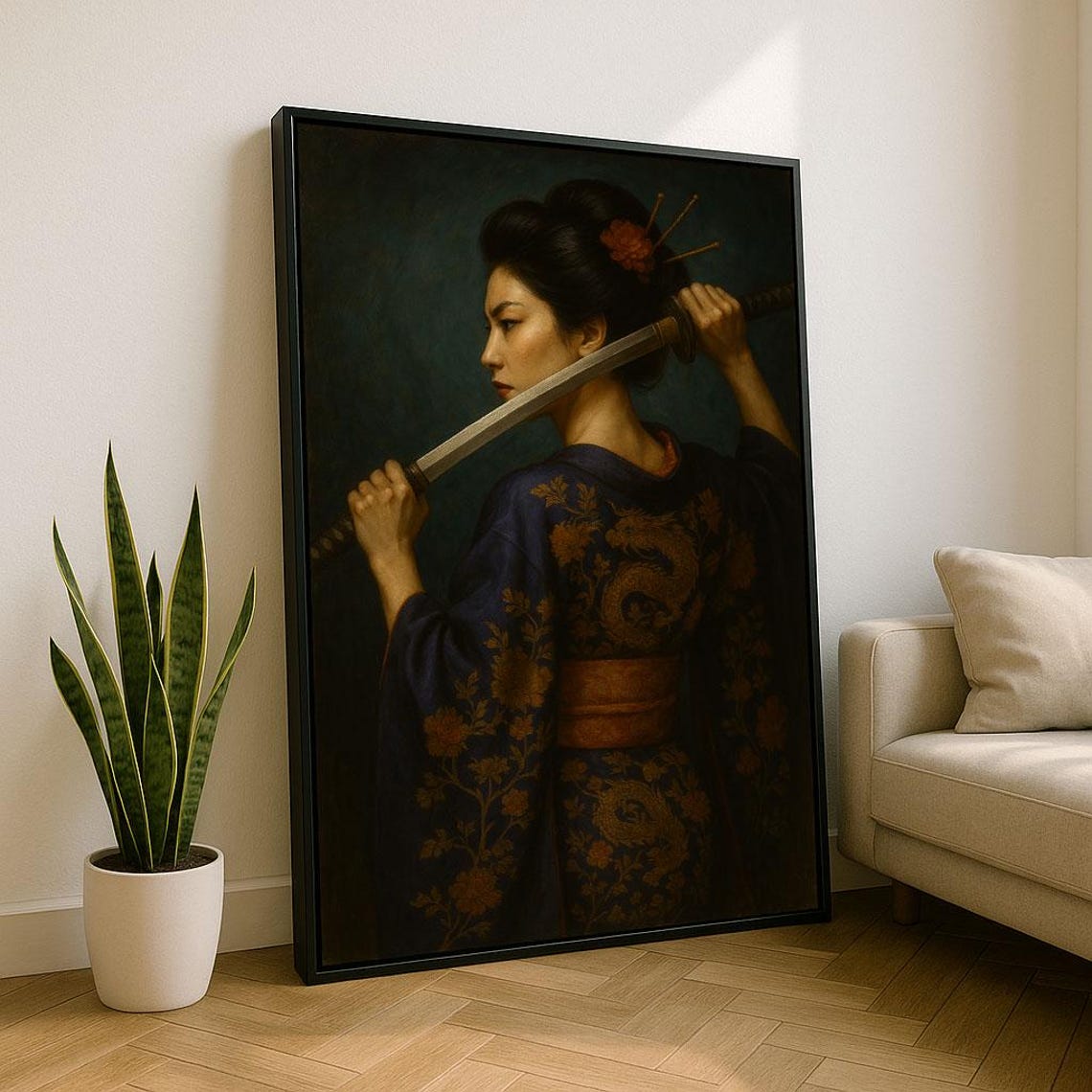 Japanese Woman Sword Drawing Dragon Kimono Navy Gold Warrior Poster
