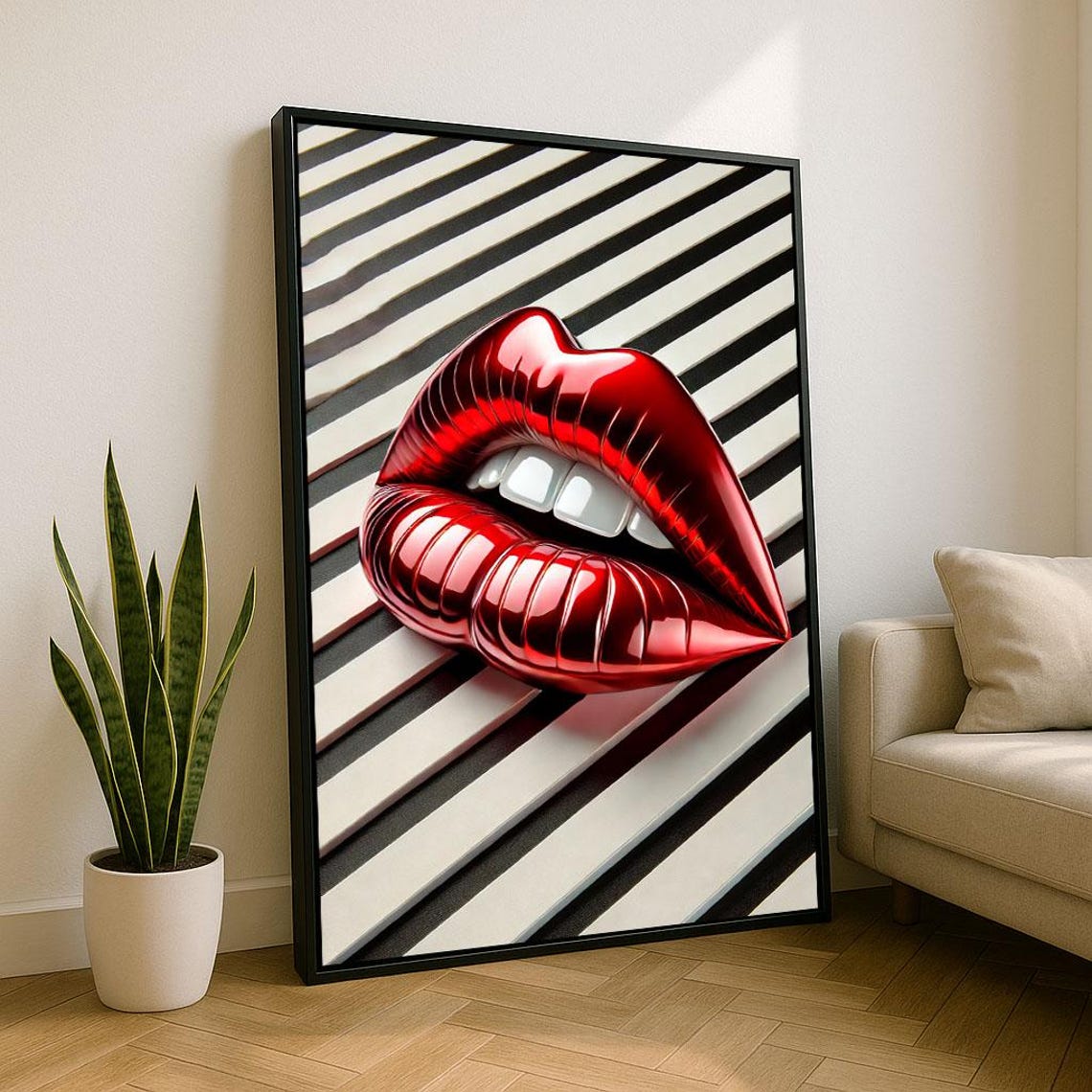 Red Glossy Lips Pop Art Poster On Diagonal Black White Stripes
