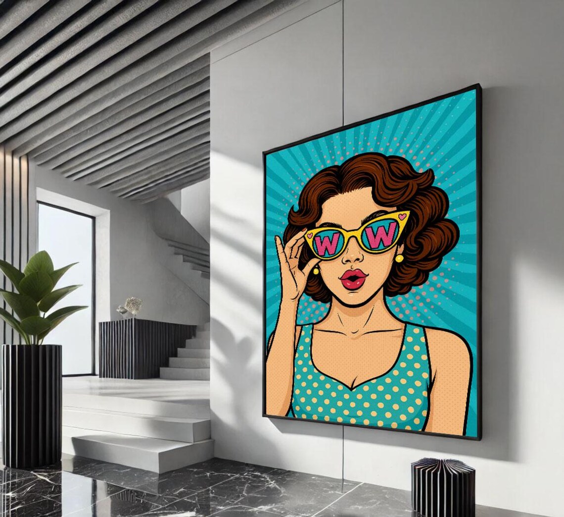 Vibrant Pop Art Woman Canvas Wall Print Turquoise Living Room Decor Statement Piece