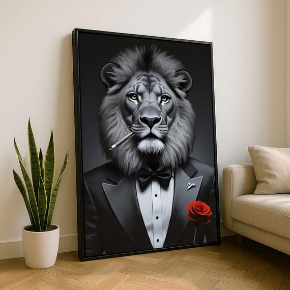 Regal Lion In Suit Canvas Wall Art Print Modern Living Room Decor Statement Piece