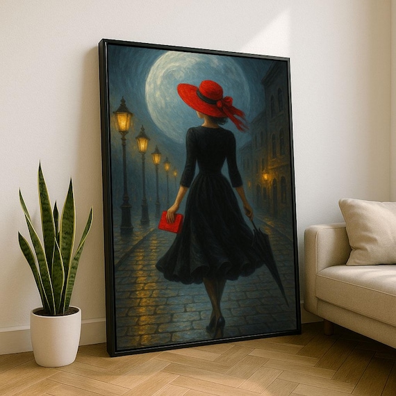 Noir Vintage Woman In Red Hat Walking Moonlit Night Street Poster