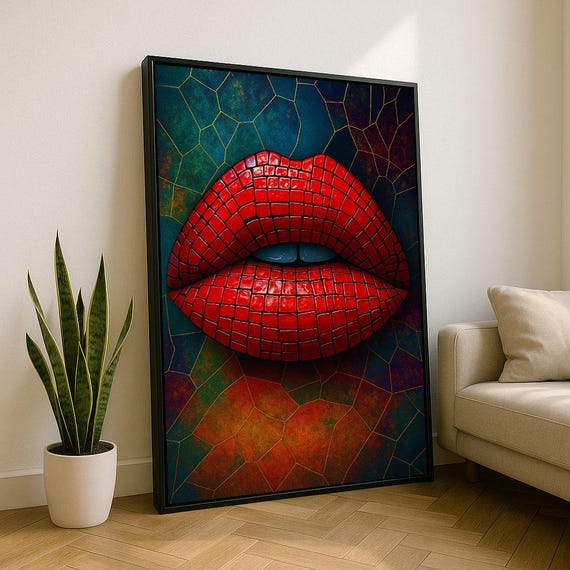 Bold Mosaic Lips Canvas Wall Art Print Vibrant Living Room Decor Statement Piece