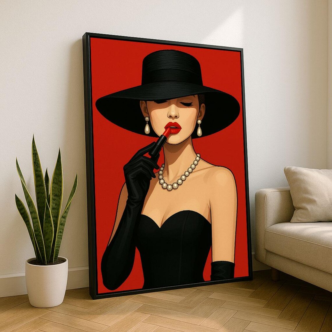 Woman Black Hat Red Lipstick Glamour Fashion Illustration Poster