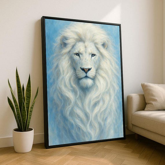 Majestic White Lion Portrait Canvas Wall Art Print Tranquil Living Room Decor Statement Piece