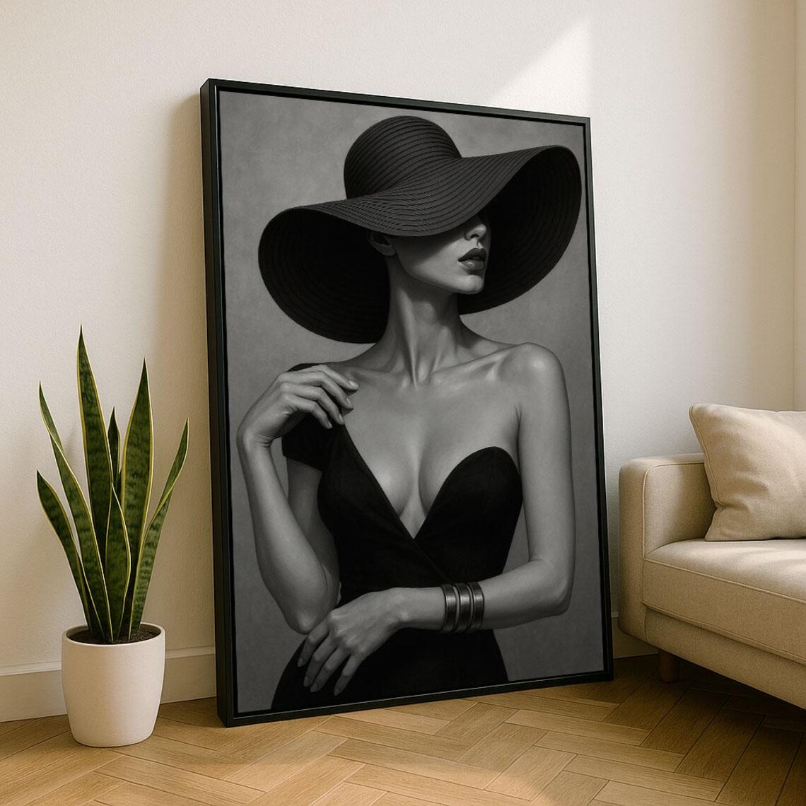 Elegant Black And White Woman In Hat Canvas Wall Art Print Modern Living Room Decor Statement Piece