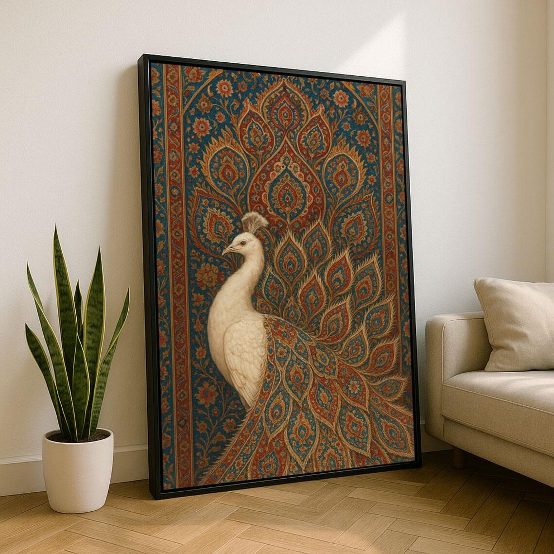 Majestic White Peacock Persian Tapestry Ornamental Bird Poster