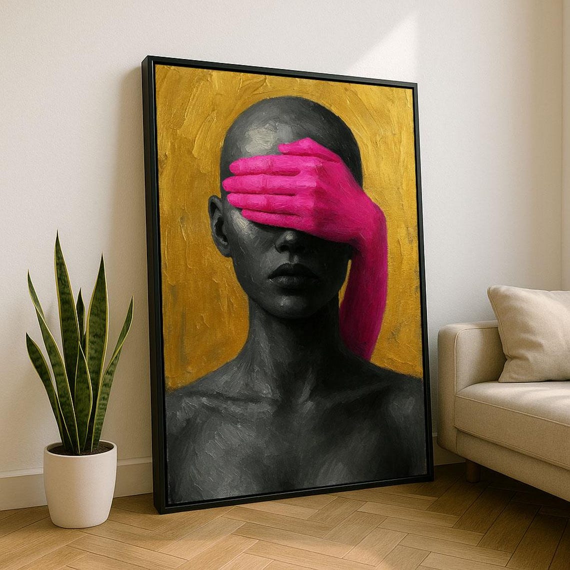 Abstract Portrait Pink Hand Over Face Dark Gold Background Poster