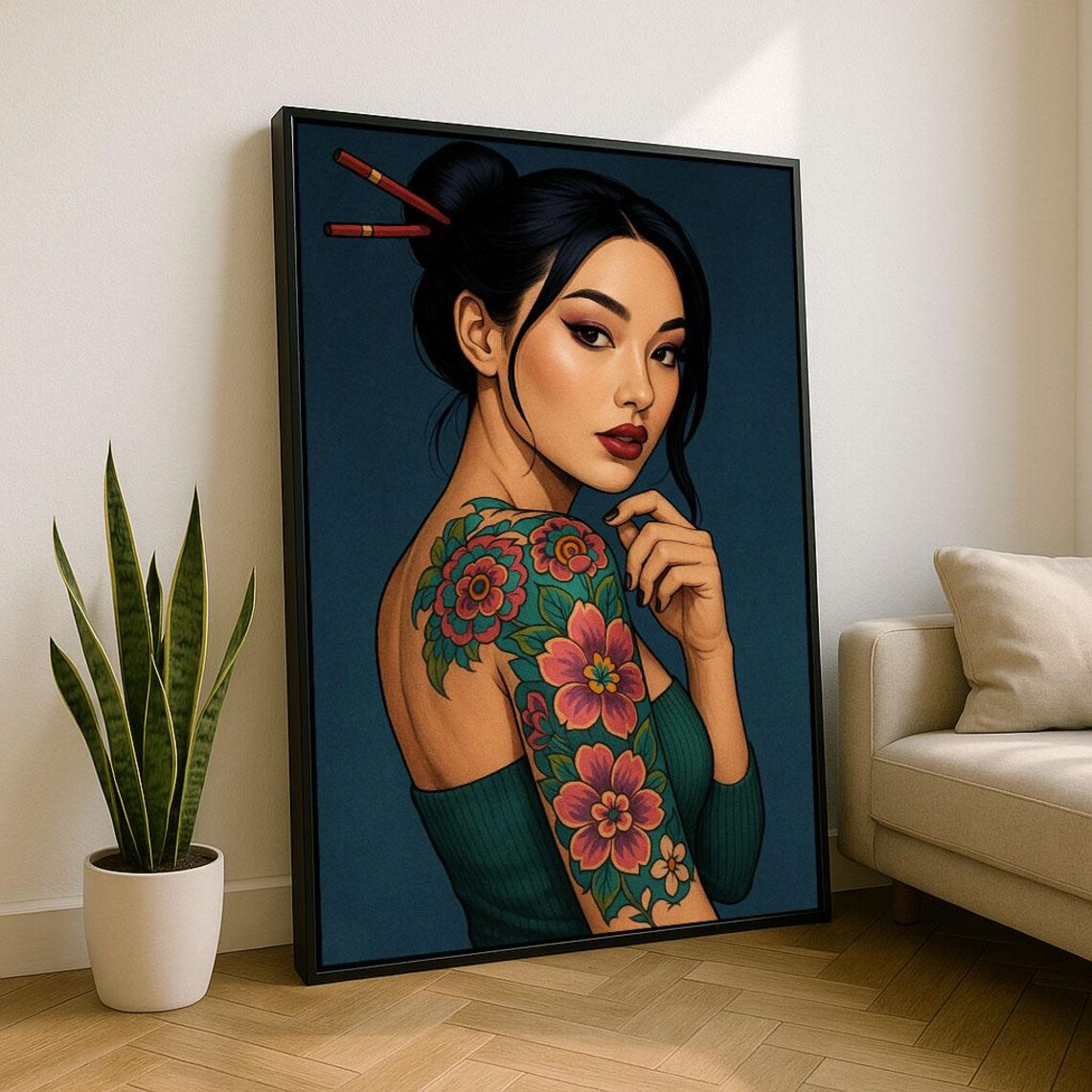 Japanese Woman Floral Sleeve Tattoo Kanzashi Hair Teal Poster