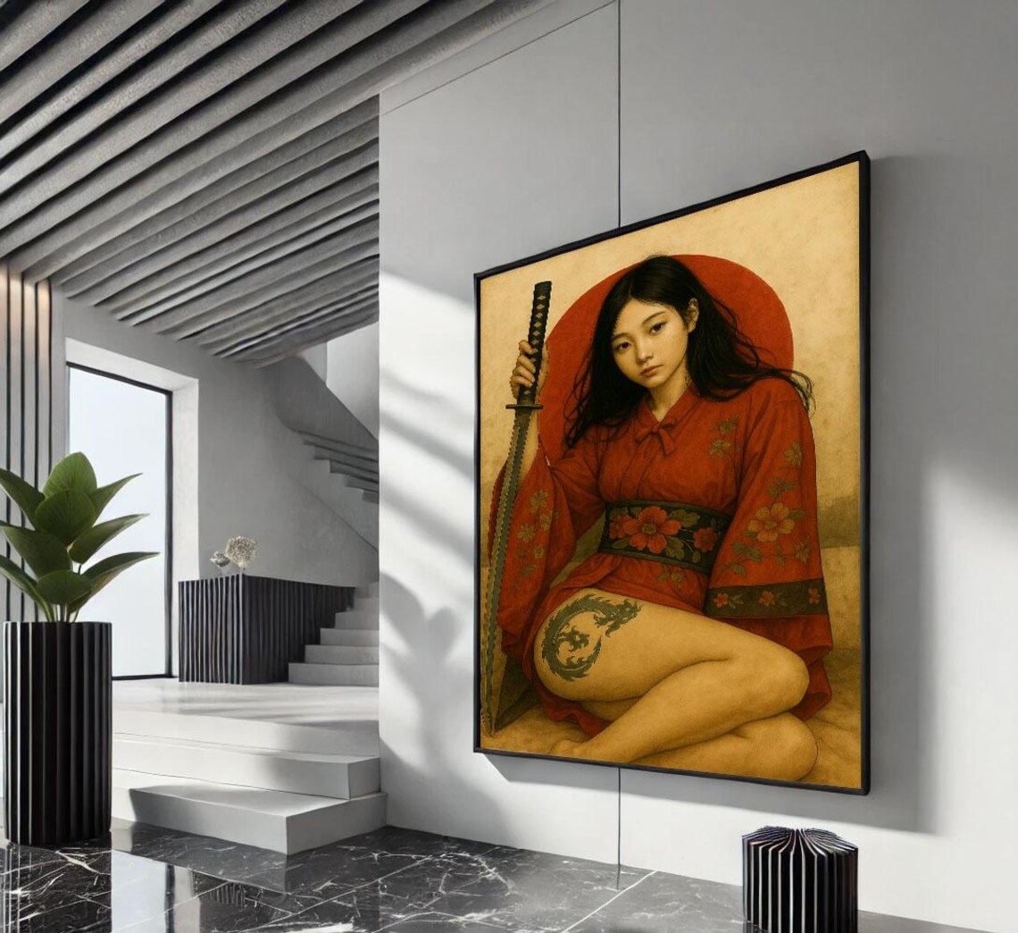Red Kimono Woman With Katana Dragon Tattoo Rising Sun Poster