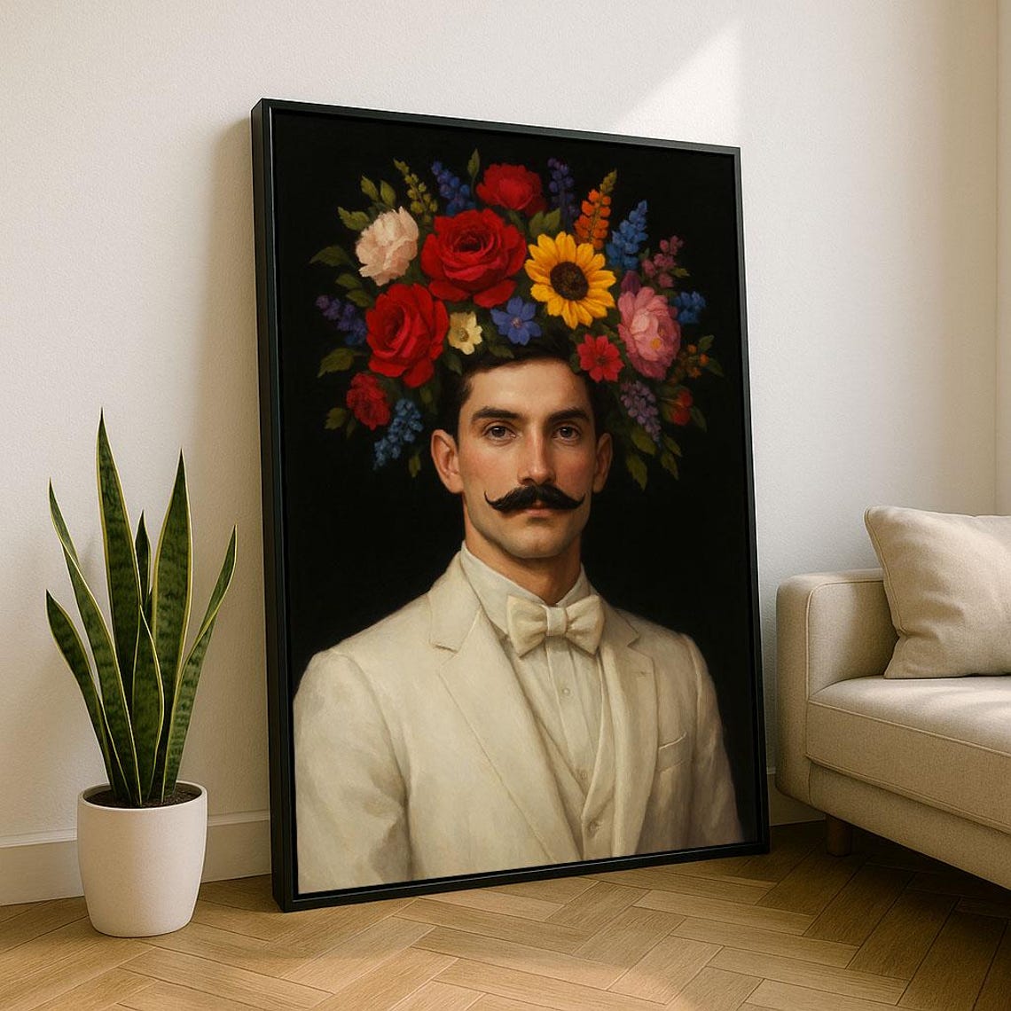 Floral Crowned Gentleman Vintage Oil Portrait Elegant Art Poster