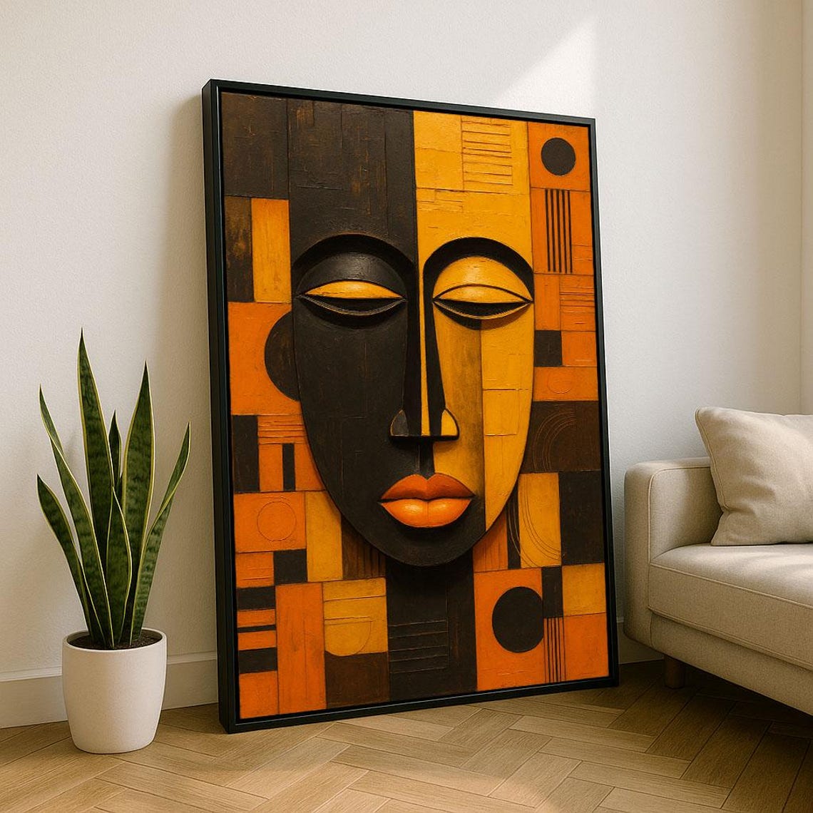 Bold Abstract African Heritage Face Orange Mosaic Cubist Poster